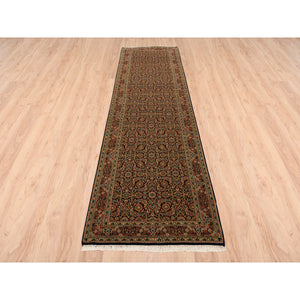 2'8"x9'9" Pitch Black Wool Herati All Over Fish Design 250 KPSI Hand Knotted Dense Weave Oriental Runner Rug FWR378066