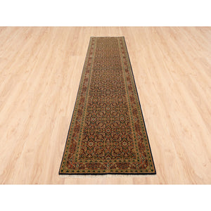 2'9"x12'4" Jet Black Herati All Over Fish Design Dense Weave Hand Knotted 250 KPSI Wool Oriental Runner Rug FWR378138