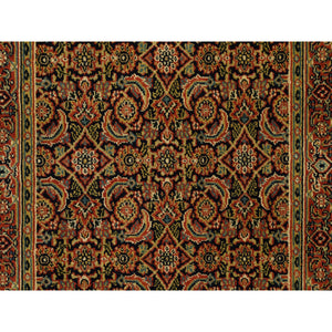 2'9"x12'4" Jet Black Herati All Over Fish Design Dense Weave Hand Knotted 250 KPSI Wool Oriental Runner Rug FWR378138