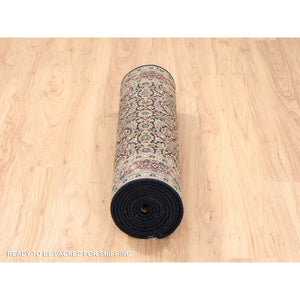 2'9"x12'4" Jet Black Herati All Over Fish Design Dense Weave Hand Knotted 250 KPSI Wool Oriental Runner Rug FWR378138
