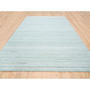 9'1"x12' Modern Design Plain Natural Wool Hand Loomed Ivory with Turquoise Oriental Rug FWR378258