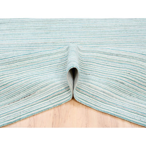 9'1"x12' Modern Design Plain Natural Wool Hand Loomed Ivory with Turquoise Oriental Rug FWR378258