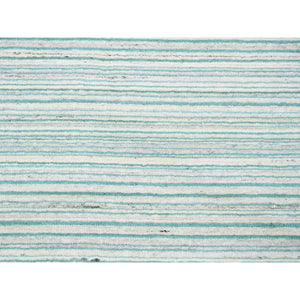 9'1"x12' Modern Design Plain Natural Wool Hand Loomed Ivory with Turquoise Oriental Rug FWR378258
