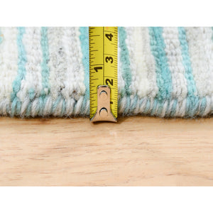 9'1"x12' Modern Design Plain Natural Wool Hand Loomed Ivory with Turquoise Oriental Rug FWR378258