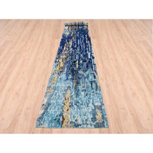 Load image into Gallery viewer, 2&#39;7&quot;x19&#39;7&quot; Blue With A Mix Of Gold Mosaic Design Wool And Silk Hand Knotted Persian Knot Oriental Xl Runner Rug FWR378348