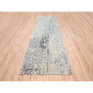 4'x12' Hand Knotted Abstract With Mosaic Design Gray Wool And Silk Persian Knot Oriental Runner Rug FWR378366