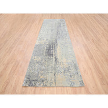 Load image into Gallery viewer, 4&#39;x12&#39; Hand Knotted Abstract With Mosaic Design Gray Wool And Silk Persian Knot Oriental Runner Rug FWR378366