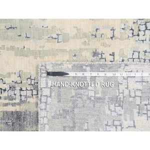 4'x12' Hand Knotted Abstract With Mosaic Design Gray Wool And Silk Persian Knot Oriental Runner Rug FWR378366