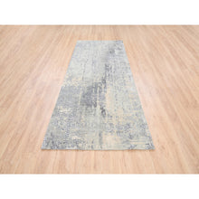 Load image into Gallery viewer, 4&#39;1&quot;x9&#39;9&quot; Wool And Silk Abstract With Mosaic Design Gray Hand Knotted Persian Knot Oriental Runner Rug FWR378372