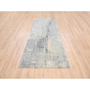 4'1"x9'9" Wool And Silk Abstract With Mosaic Design Gray Hand Knotted Persian Knot Oriental Runner Rug FWR378372