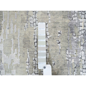 4'1"x9'9" Wool And Silk Abstract With Mosaic Design Gray Hand Knotted Persian Knot Oriental Runner Rug FWR378372