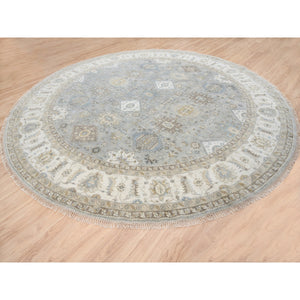 12'x12' Frost Gray Karajeh And Geometric Design Organic Wool Hand Knotted Oriental Round Rug FWR378414