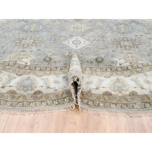 12'x12' Frost Gray Karajeh And Geometric Design Organic Wool Hand Knotted Oriental Round Rug FWR378414