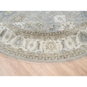 12'x12' Frost Gray Karajeh And Geometric Design Organic Wool Hand Knotted Oriental Round Rug FWR378414