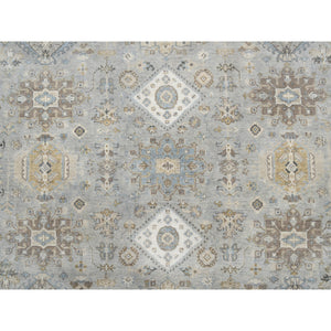 12'x12' Frost Gray Karajeh And Geometric Design Organic Wool Hand Knotted Oriental Round Rug FWR378414