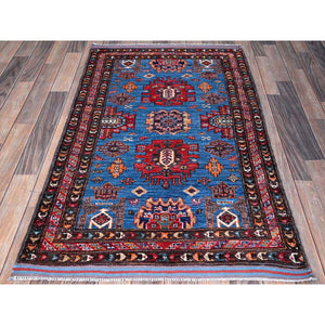 3'x4'8" Bayern Blue, Afghan Ersari with Turkish Knot, Caucasian Design Revival, Vegetable Dyes, Densely Woven, Hand Knotted, Soft and Velvety Wool, Oriental Rug FWR3780