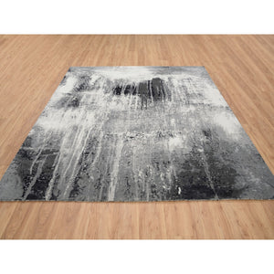 8'1"x8'1" Wool And Silk Ivory Abstract Design Hand Knotted Oriental Square Rug FWR379068