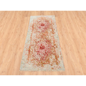 2'6"x6' Hand Knotted Ivory Persian Erased Medallion Design Wool And Pure Silk Oriental Runner Rug FWR379104