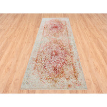 Load image into Gallery viewer, 4&#39;2&quot;x10&#39; Persian Erased Medallion Design Wool And Pure Silk Hand Knotted Ivory Oriental Wide Runner Rug FWR379140