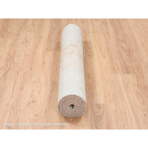 4'2"x10' Persian Erased Medallion Design Wool And Pure Silk Hand Knotted Ivory Oriental Wide Runner Rug FWR379140