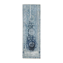 Load image into Gallery viewer, 2&#39;7&quot;x8&#39; Blue-Teal Persian Tabriz Broken Design Wool and Silk Hand Knotted Oriental Runner Rug FWR379146