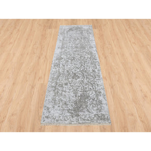 2'7"x7'9" Wool And Pure Silk Hand Knotted Gray Broken Persian Design Oriental Runner Rug FWR379176