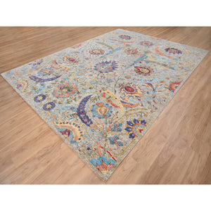 9'1"x12'4" Silk With Textured Wool Hand Knotted Tan Sickle Leaf Design Oriental Rug FWR379194