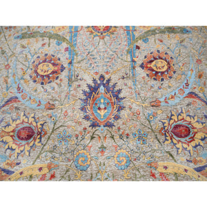 9'1"x12'4" Silk With Textured Wool Hand Knotted Tan Sickle Leaf Design Oriental Rug FWR379194