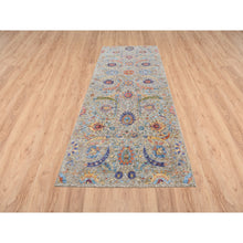 Load image into Gallery viewer, 4&#39;1&quot;x10&#39;3&quot; Silk With Textured Wool Hand Knotted Tan Sickle Leaf Design Oriental Wide Runner Rug FWR379284