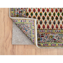 Load image into Gallery viewer, 2&#39;5&quot;x12&#39; Beige Sarouk Mir Inspired With Repetitive Boteh Design Colorful Wool And Sari Silk Hand Knotted Oriental Runner Rug FWR379308