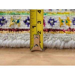 2'5"x12' Beige Sarouk Mir Inspired With Repetitive Boteh Design Colorful Wool And Sari Silk Hand Knotted Oriental Runner Rug FWR379308