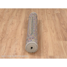 Load image into Gallery viewer, 4&#39;x10&#39; Hand Knotted Beige Sarouk Mir Inspired With Repetitive Boteh Design Colorful Wool And Sari Silk Oriental Wide Runner Rug FWR379350