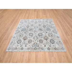 6'2"x6'2" Hand Knotted Ivory Tabriz Vase With Pomegranate Design Silk With Textured Wool Oriental Square Rug FWR379434
