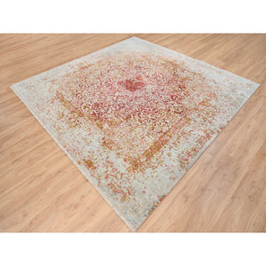 8'2"x8'2" Hand Knotted Ivory Persian Erased Medallion Design Wool And Pure Silk Oriental Square Rug FWR379512