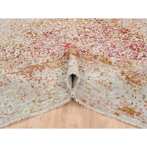 8'2"x8'2" Hand Knotted Ivory Persian Erased Medallion Design Wool And Pure Silk Oriental Square Rug FWR379512