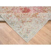 Load image into Gallery viewer, 8&#39;2&quot;x8&#39;2&quot; Hand Knotted Ivory Persian Erased Medallion Design Wool And Pure Silk Oriental Square Rug FWR379512