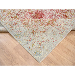 8'2"x8'2" Hand Knotted Ivory Persian Erased Medallion Design Wool And Pure Silk Oriental Square Rug FWR379512