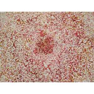 8'2"x8'2" Hand Knotted Ivory Persian Erased Medallion Design Wool And Pure Silk Oriental Square Rug FWR379512