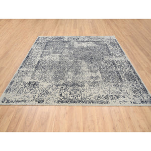 8'x8' Fine Jacquard with Erased Design Wool and Plant Based Silk Hand Loomed Light Gray Oriental Square Rug FWR379542