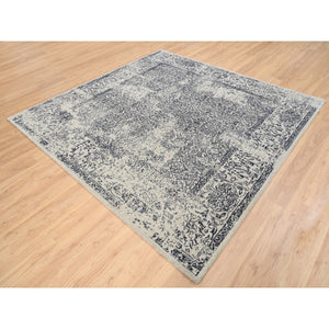 8'x8' Fine Jacquard with Erased Design Wool and Plant Based Silk Hand Loomed Light Gray Oriental Square Rug FWR379542