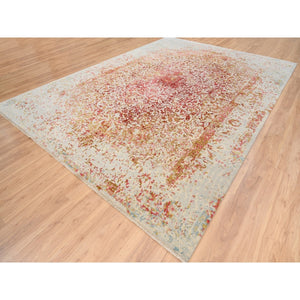 10'x14' Ivory Persian Erased Medallion Design Wool And Pure Silk Hand Knotted Oriental Rug FWR379626