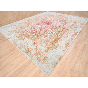 12'1"x15' Ivory Persian Erased Medallion Design Wool And Pure Silk Hand Knotted Oriental Oversized Rug FWR379824