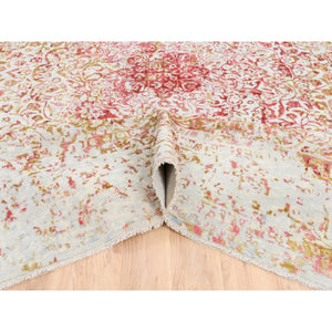 12'1"x15' Ivory Persian Erased Medallion Design Wool And Pure Silk Hand Knotted Oriental Oversized Rug FWR379824