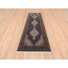 Load image into Gallery viewer, 3&#39;9&quot;x12&#39; Wool Black Tabriz Mahi With Fish Medallions Design Hand Knotted Wide Runner Oriental Rug FWR380010