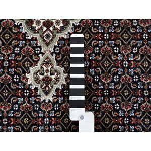 3'9"x12' Wool Black Tabriz Mahi with Fish Medallions Design Hand Knotted Wide Runner Oriental Rug FWR380010
