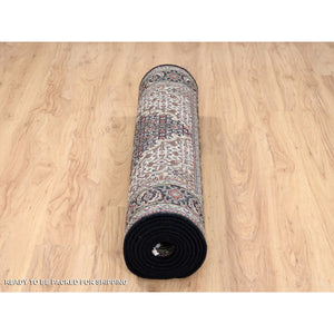 3'9"x12' Wool Black Tabriz Mahi with Fish Medallions Design Hand Knotted Wide Runner Oriental Rug FWR380010
