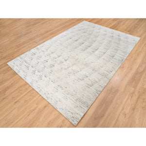 6'x9' Undyed Natural Wool Ivory Tone On Tone Repetitive Curvilinear Design Hand Knotted Oriental Rug FWR380250