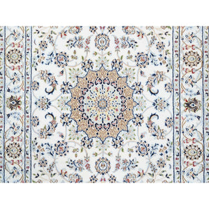 4'1"x12' Ivory Nain With Center Medallion Flower Design 250 Kpsi Wool Hand Knotted Oriental Wide Runner Rug FWR380394