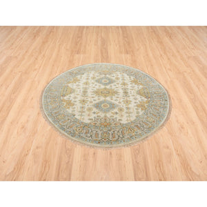 6'1"x6'1" Hand Knotted Ivory With Soft Colors Karajeh Design Soft Pure Wool Oriental Round Rug FWR380514