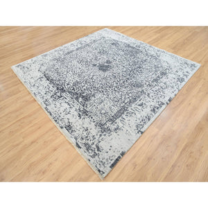 8'x8' Hand Knotted Silver Gray Erased Persian Design Wool And Pure Silk Oriental Square Rug FWR380730